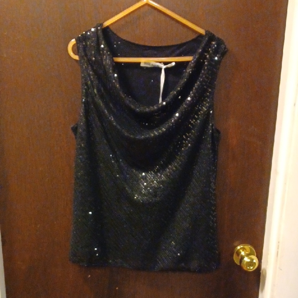 Grace Karin Black Cowl Neck Sleeveless Sequin Blouse NWT Size L